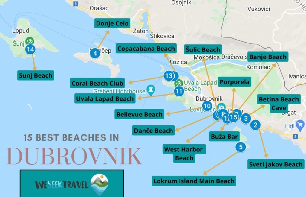 Map showing the locations of Dubrovnik's most famous beaches