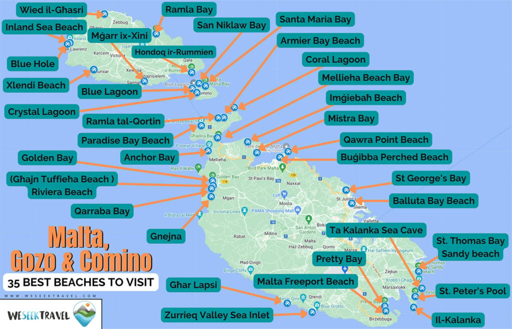 The best beaches on Malta, Gozo and Comino infographics map