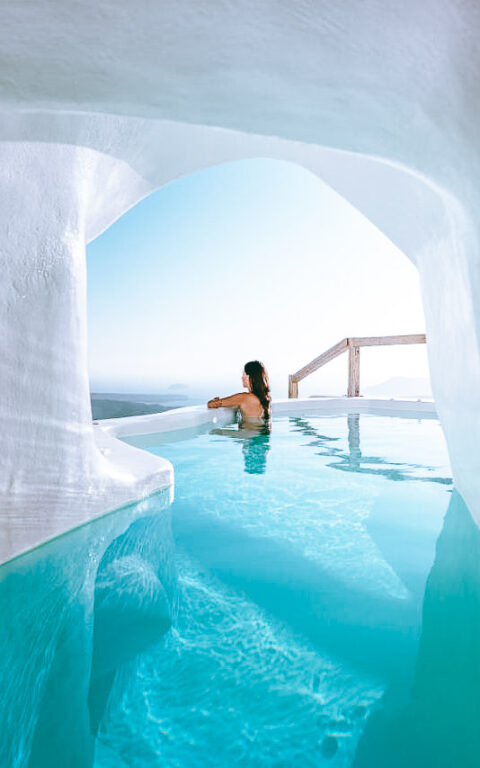 Swimming in Santorini Cave Hotel With Pool