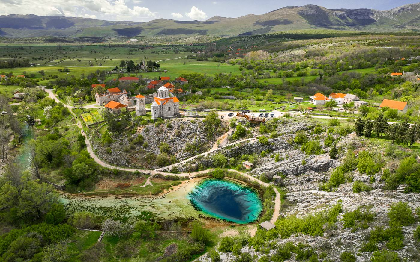 Cetina River Spring and church in the town of Omis in Croatia