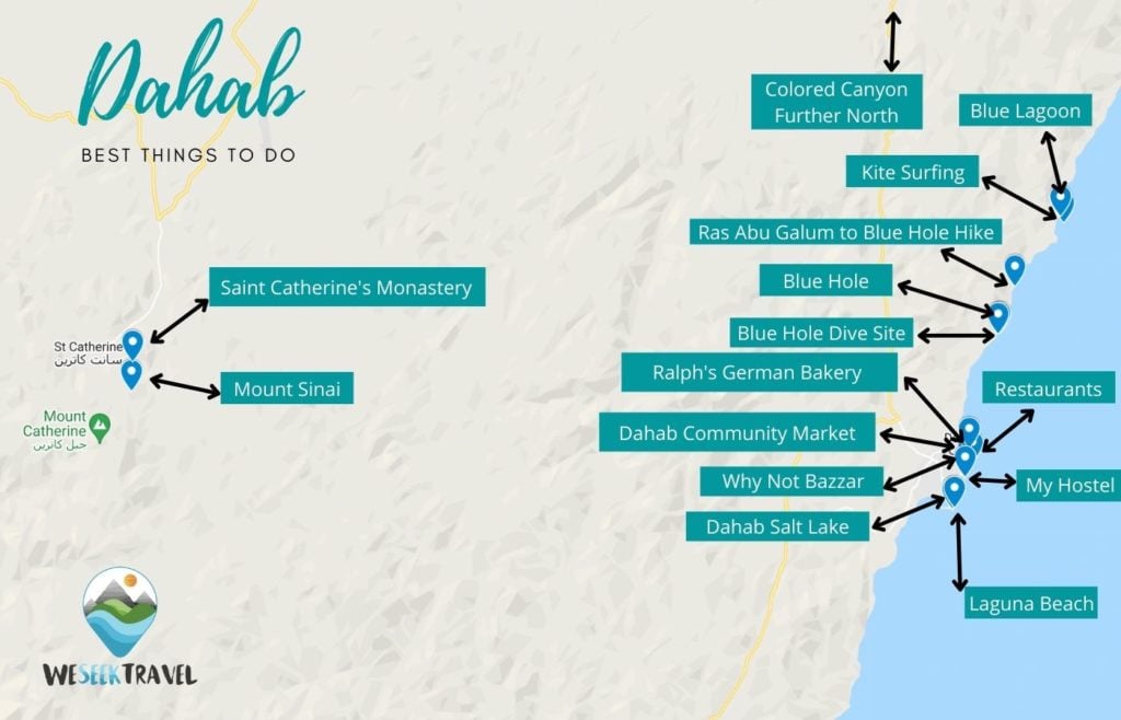 Map showing all the main tourist attractions in Dahab, Egypt