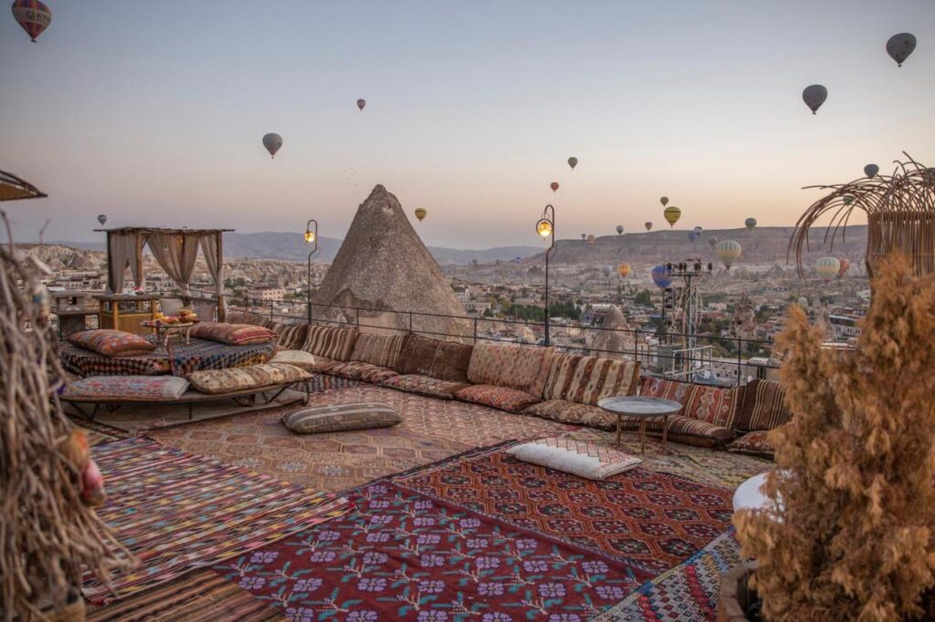 Rooftop terrace with hot air balloons