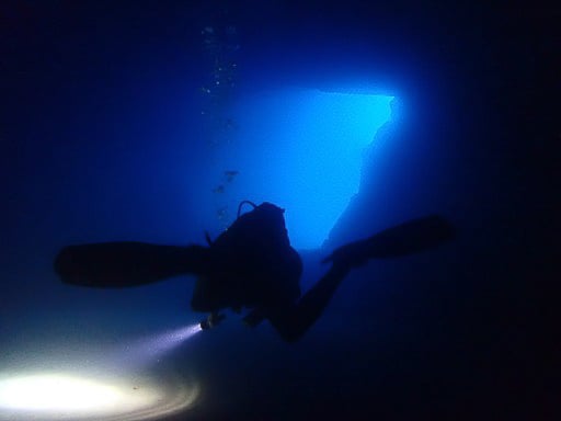 Scuba diving at the remains of the Azure Window In Malta