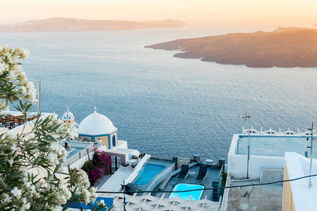 Sunset view of Santorini Volcano from hotel terrace