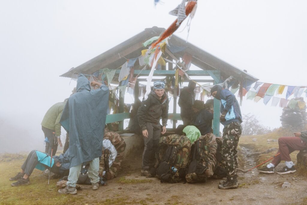 Prayer Flags and hut on the Trek from Tshoka to Dzongri, India