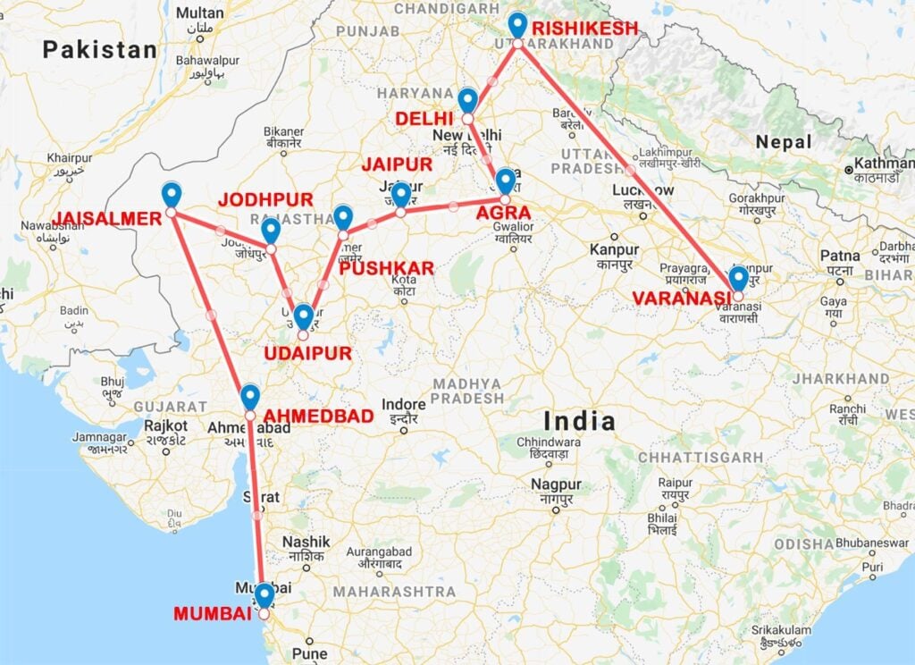 INDIA ITINERARY MAP 1 MONTH TRIP