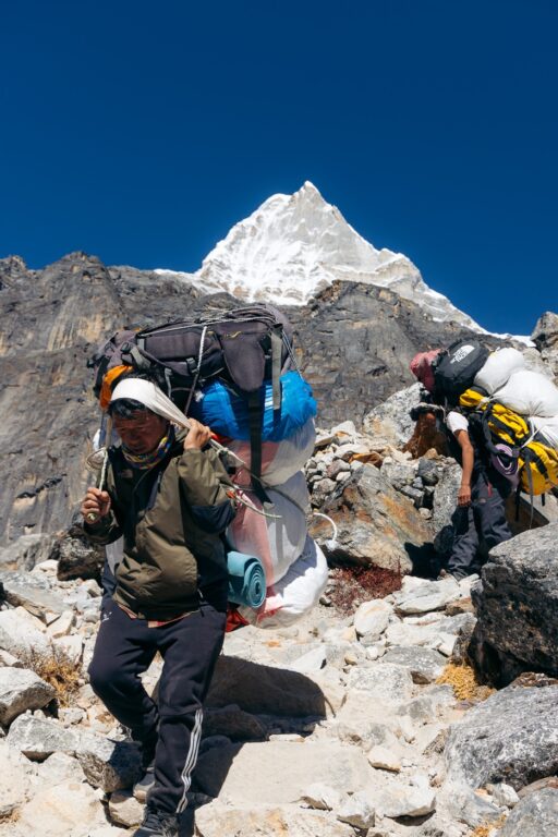 Porters heading back from Khare, Mera Peak, Nepal