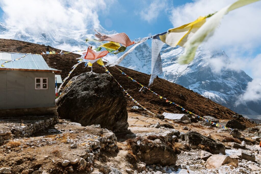 Prayer flags above Khare village in Nepal