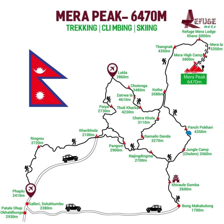 Map showing trekking routes to Mera Peak in Nepal