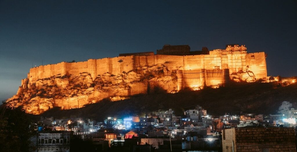 The Mehrangarh Fort lit up at night