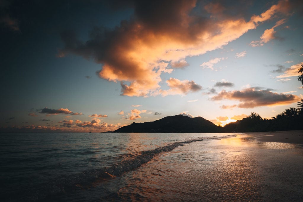 Sunrise on the beach, Praslin Island, the Seychelles