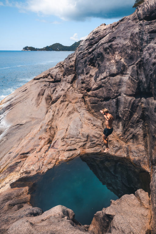 Jumping into the Mahe Rockpool