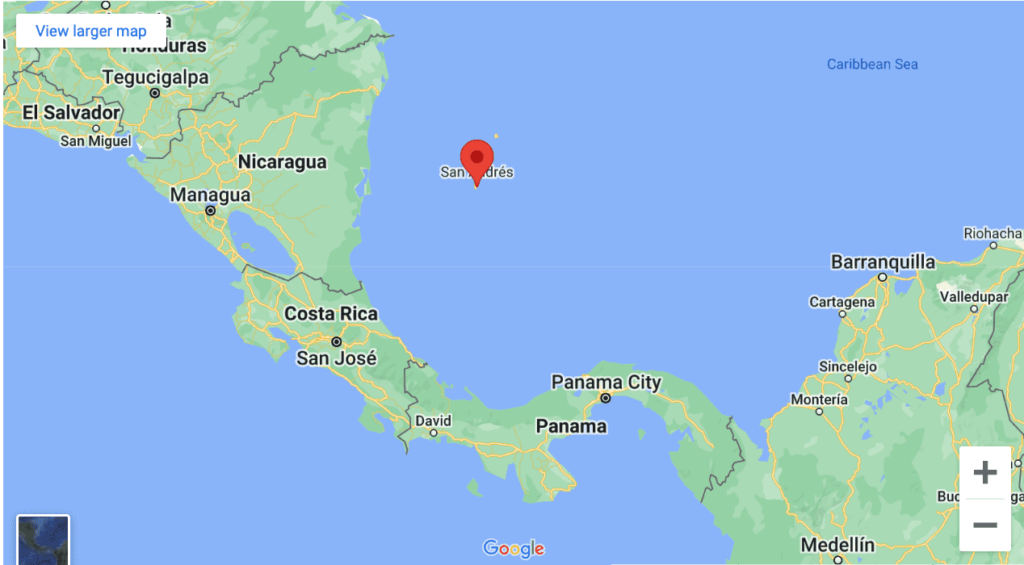 Map showing location of San Andres Next to Panama and Colombia